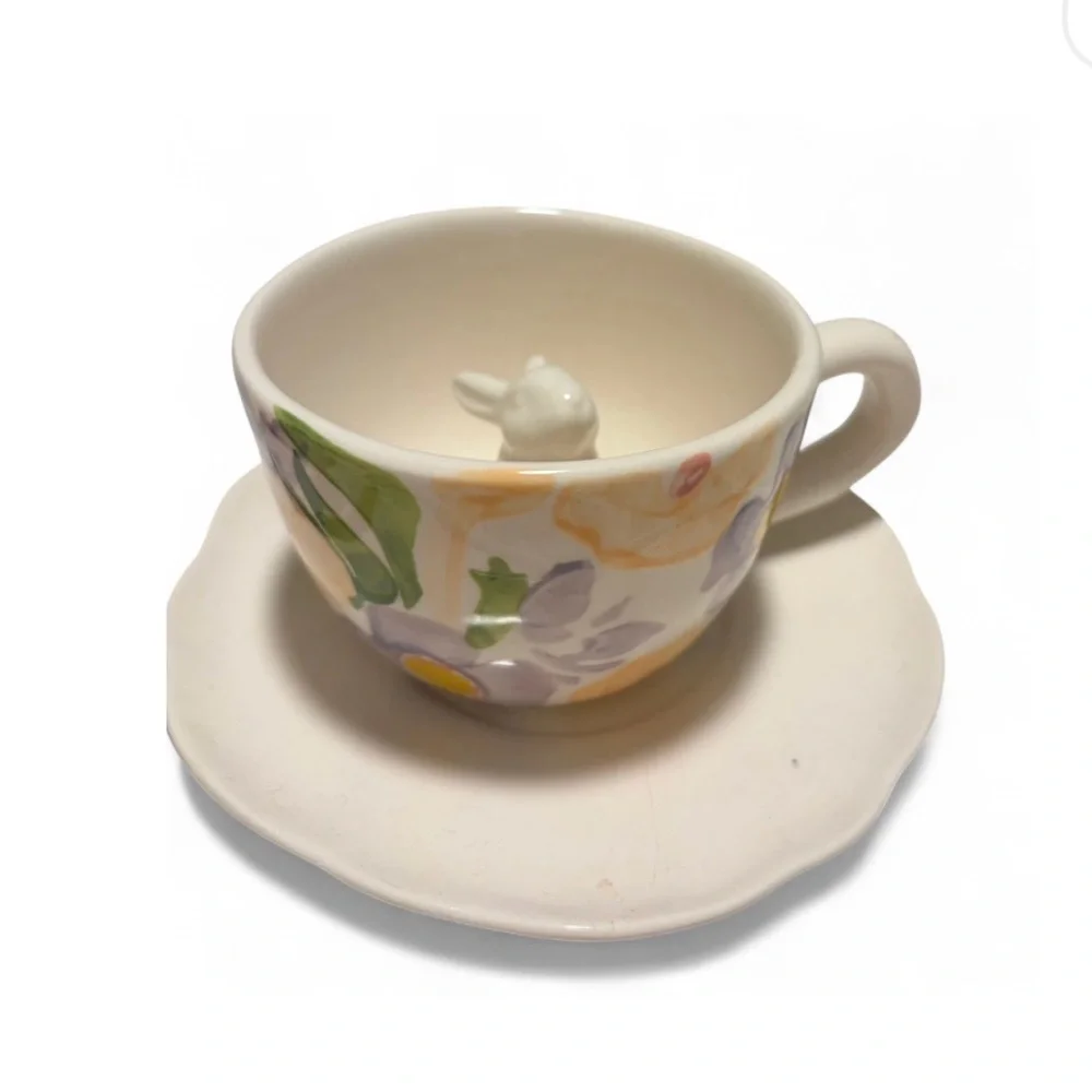 Set Of 3 Threshold Floral Bunny Rabbit Pastel Easter Tea Cup & Saucer Sets